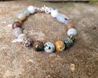 Ocean jasper sterling silver bracelet/Earthy gemstone bracelet for men,women/Ocean Jasper Round & rondelles jewelry with easy open hook