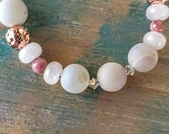 Druzy and pink gemstone bracelet/ rose gold accents gemstone bracelet/stackable pink gemstone bracelets for /jewelry women