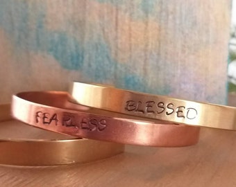 Hand stamped Fearless cuff/  Blessed /inspirational/ faith  copper cuff for her/him/hand stamped cuff/Free ship/personalized message jewelry