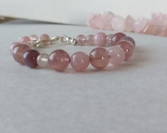 Pink purple rose quartz sterling silver bracelet/fall gemstone jewelry/natural pink purple stone silver bracelet for her/women bracelet