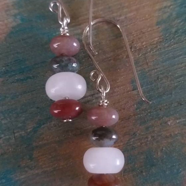 Fancy jasper stacked earrings/ Sterling silver filled gemstone earrings for her/ multicolor gemstone jewelry for her/ Boho earrings/gift