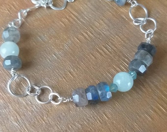 Flashy blue labradorite  bracelet & sterling silver //large labradorite rondelles,  aquamarine  /ship from USA/gift jewelry for her