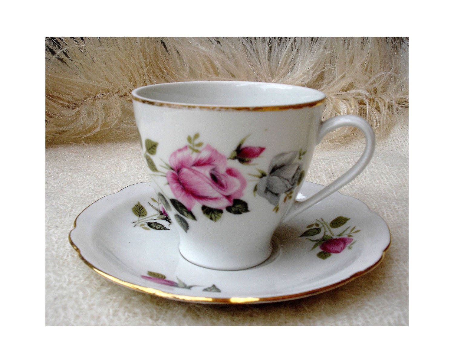 Set de Tasse à Thé et Soucoupe Polonaise Vintage Des Années 1940 - Porcelaine cmielow, La Rose Polon