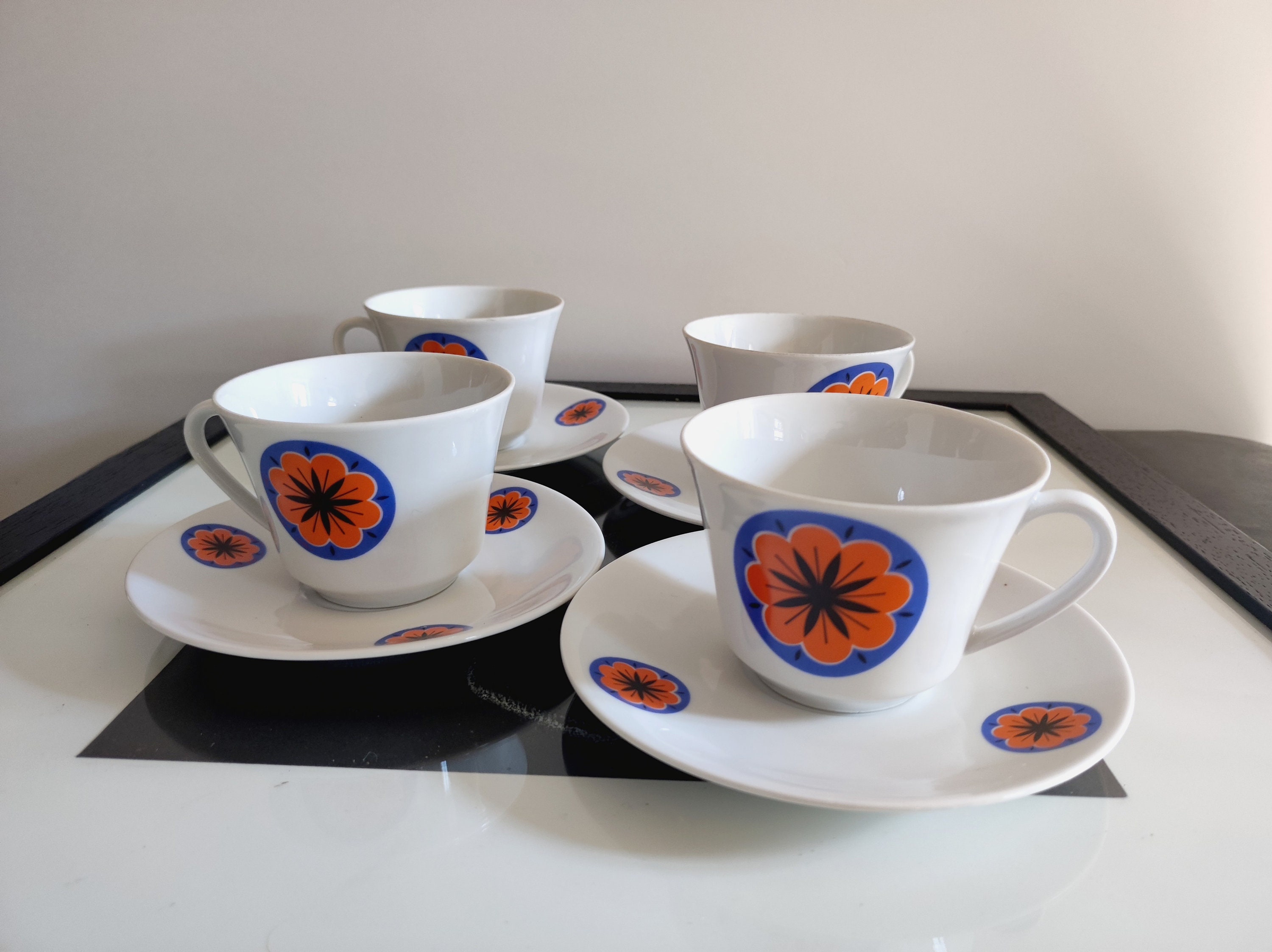 4 Tasses à Café Seltmann Weiden Bavaria, Allemagne de L'ouest, Porcelaine Allemande Moderniste, Anné