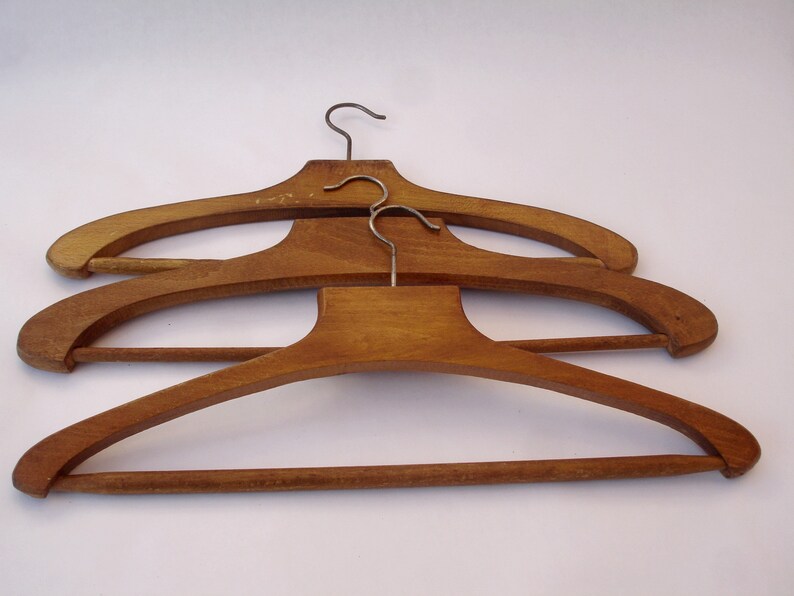 Three Vintage French Coat Hangers Sy Wooden With Collar Rises 60s 70s Clothing Atelier Tailor