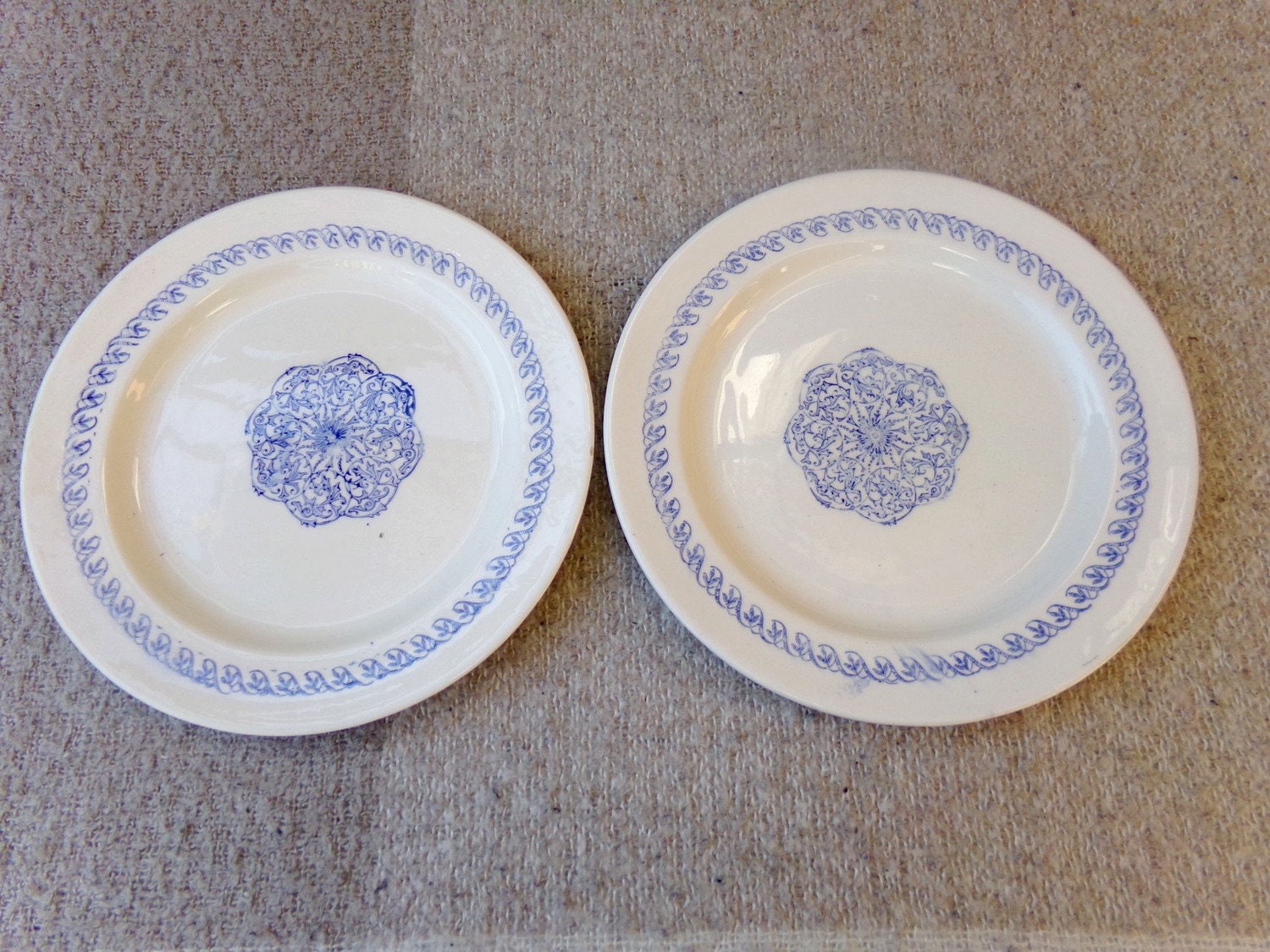 Deux Assiettes Vintage Français, Des Petites Semi-Porcelaine Bleues et Blanches avec de Très Jolis D