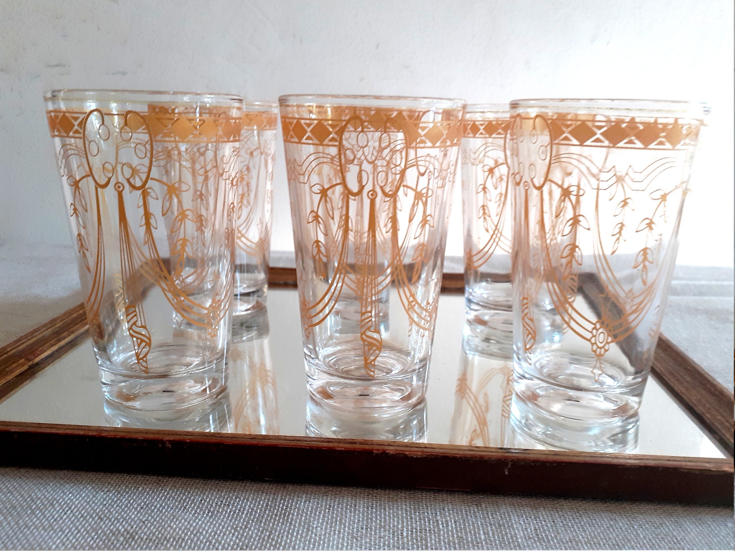 6 Verres à Thé en Or Vintage Marocain, Liqueur Décorés Vintage, Glacé Vintage