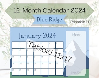 2024 Monthly Calendar | Tabloid 11x17 Landscape | Desk and Wall | Printable PDF | Notes Section | Blue | Mountains