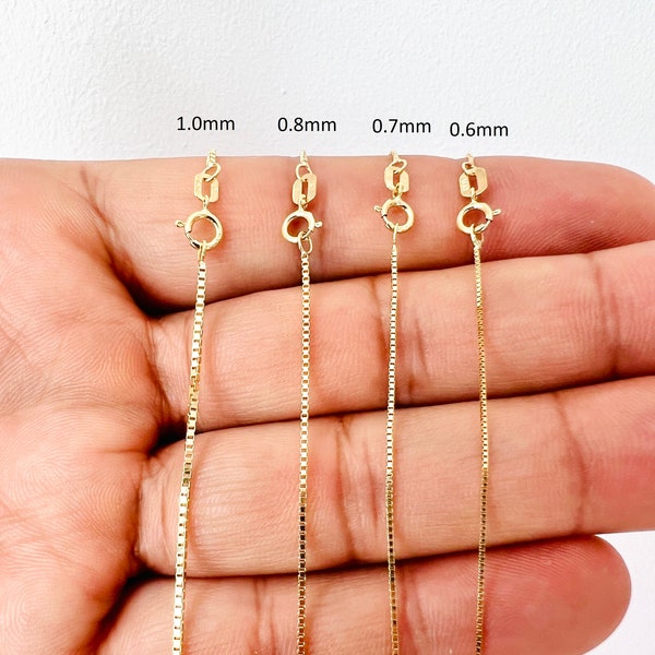 14K Yellow Gold Venetian Box Link Chain Necklace Spring Ring clasp Closure Available in 0.6mm - 1.0mm Thickness