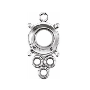 May include: Silver pendant setting with a round bezel and three smaller round bezels hanging below. The pendant setting is designed to hold a gemstone.