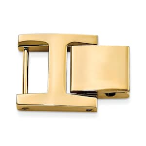 May include: A gold-colored metal clasp with a rectangular design. The clasp has a T-shaped base with a rectangular piece attached. The metal has a shiny, polished finish.