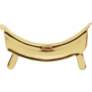 May include: A gold-colored, boat-shaped jewelry holder with three small legs. The holder has a curved design and a small rectangular detail in the center. The overall shape is reminiscent of a small bathtub.
