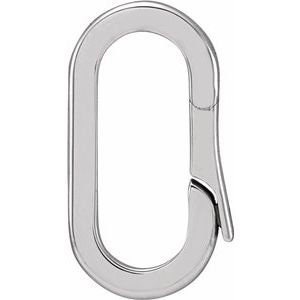May include: A polished, silver-colored oval carabiner clip. The clip has a smooth, reflective surface and a spring-loaded gate for secure closure. The design is minimalist and modern, suitable for various uses.