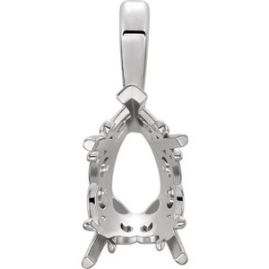 May include: Silver pendant setting with a pear-shaped opening for a gemstone. The setting has a delicate, intricate design with small prongs around the edge.