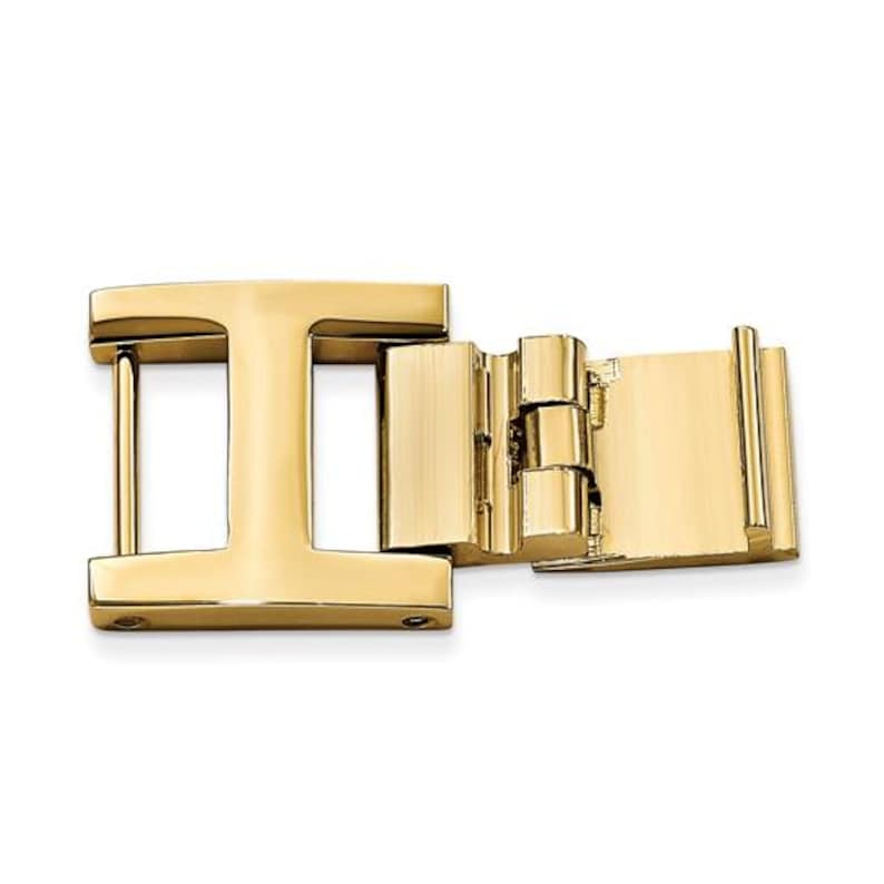 May include: A gold-colored metal clasp, featuring an 'I' shape on one side and a rectangular plate on the other. The clasp is open, revealing the hinge mechanism. The metal has a polished, reflective surface.