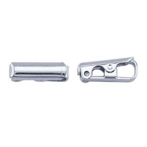 May include: Two silver-colored metal clasps. One is a cylindrical tube, and the other is a hinged clasp with a spring-loaded mechanism and a small loop. The clasps are designed for jewelry or crafts.