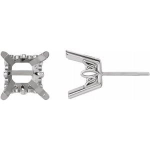 May include: Two silver-coloured jewellery components. One is a square setting with four prongs and decorative edges. The other is a post earring setting with a decorative design. Both are likely for jewellery making or repair.