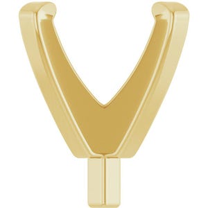 Könnte beinhalten: Eine goldfarbene Schmuckfassung mit V-förmigem Oberteil und rechteckigem Sockel. Die Fassung besteht aus einem glänzenden, reflektierenden Metall und ist für die Aufnahme eines Edelsteins oder eines anderen dekorativen Elements konzipiert. Das Design ist schlicht und elegant.