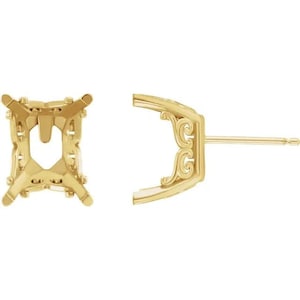 14K Gold Emerald 4-Prong Vintage-Inspired Scroll Earring Mounting Available in 7x5mm - 14x12mm