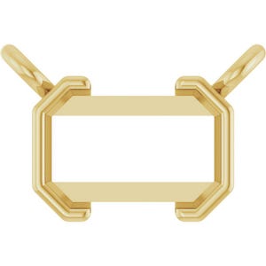May include: A gold-colored jewelry setting with a rectangular center and angled side bars. The setting has a polished finish and is designed to hold a gemstone or other decorative element. The overall shape is geometric and modern.