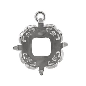 May include: Silver pendant setting with a square opening for a gemstone. The setting has a decorative design around the opening and a loop at the top for attaching a chain.