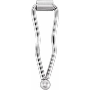 May include: A polished silver-colored metal earring with a unique design. The earring features a rectangular top, a curved, elongated body, and a small, round ball at the bottom. The design is simple yet elegant.