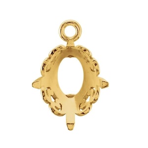 May include: Gold-tone oval pendant setting with a delicate filigree design. The setting has a loop at the top for attaching a chain or cord.
