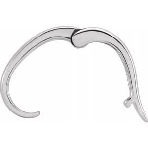 May include: A silver-colored, curved earring with a unique design. The earring features a hook-like shape with a rounded top and a pointed end. The metal has a polished finish, reflecting light and creating a sleek appearance. The earring is designed to be worn on the ear.
