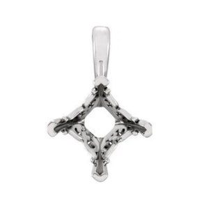 May include: A silver pendant setting with a square-shaped opening for a gemstone. The setting has a delicate, intricate design with a bail at the top for attaching a chain.