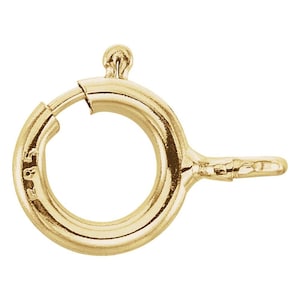 Può includere: Una chiusura a molla in oro dal design circolare, con un piccolo anello attaccato sulla parte superiore e una linguetta laterale. La superficie metallica è lucida e riflettente, con il numero 585 chiaramente impresso sul lato dell'anello.