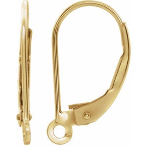May include: Close-up of two gold-colored leverback earring findings. The findings are made of shiny, polished metal. One is closed, and the other is open, showing the mechanism. The earrings are designed to be attached to a jewelry piece.