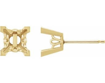 14K Gold Square 4-Prong Friction Post Earring Mounting Available in 2.5x2.5mm - 10x10mm