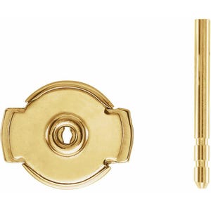 May include: A pair of gold-colored earring components. One is a flat, decorative back with a keyhole-shaped opening. The other is a straight post with a series of ridges. The components are likely for securing earrings.