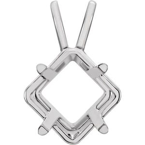 May include: A shiny, silver-colored pendant setting with a diamond-shaped center. The setting has two prongs at the top and four small rounded prongs around the diamond shape, designed to hold a gemstone.