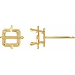 May include: A pair of gold earring settings for square shaped gemstones. The settings are made of metal and have a prong setting.