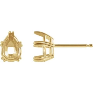 May include: Two gold-colored stud earrings. One earring is a pear-shaped setting with decorative elements. The other earring features a post and a three-pronged setting, designed to hold a gemstone. The earrings are shown against a white background.