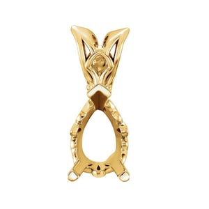 May include: A polished yellow gold pendant setting featuring a pear-shaped frame for a gemstone. The design includes a decorative, openwork bail at the top with intricate metal detailing and four prongs at the base to secure a stone in place.