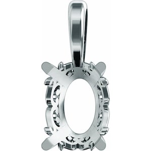 May include: A silver pendant setting with an oval center and a decorative filigree design around the perimeter. The pendant has a loop at the top for a chain and four prongs to hold a gemstone.