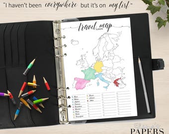 Printable TRAVEL EUROPE MAP insert for your Personal, A5 and Letter planner_Places I Have been_Trip to go_Vacation_Bullet journal style