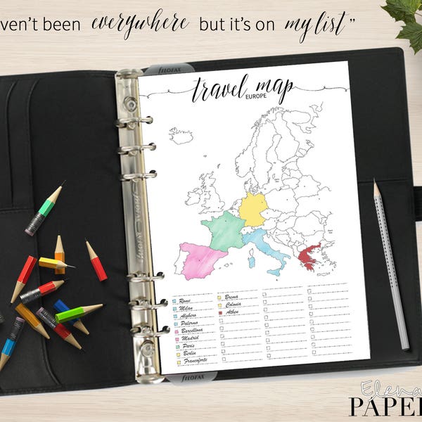 Printable TRAVEL EUROPE MAP insert for your Personal, A5 and Letter planner_Places I Have been_Trip to go_Vacation_Bullet journal style