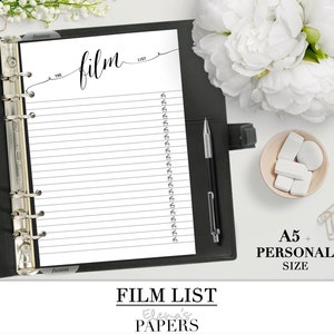 LISTA DE PELÍCULAS imprimible para su planificador personal, A5, Happy Planner y tamaño Carta_ Inserciones del planificador de TV de películas favoritas__Estilo blanco y negro