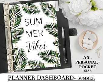 Printable DASHBOARD for your Pocket, Personal and A5 Planner_"Summer vibes"_season divider_ filofax organizer_tropical leaves watercolor