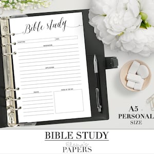 May include: A black and white printable Bible study planner page with sections for scripture, observation, application, prayer, and verse of the day. The page is designed for a personal size binder.