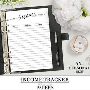 SEGUIMIENTO DE INGRESOS imprimible para su agenda personal, A5 y tamaño Carta_Blanco y negro_Inserciones de dinero BUDGET