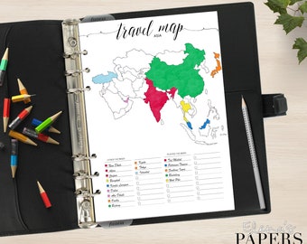 Druckbare REISE ASIEN KARTE Einlage für Ihren Personal, A5 und Letter Größe Planner_To color Trip to go_Vacation_Tracker city_Coloring Pdf