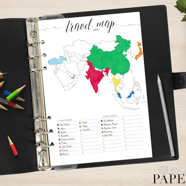 Printable TRAVEL ASIA MAP insert for your Personal, A5 and Letter size Planner_To color Trip to go_Vacation_Tracker city_Coloring Pdf