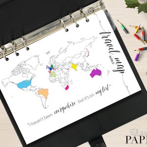 Inserção de MAPA-MÚNDIA DE VIAGEM para impressão para seu planejador pessoal, A5 e Letter_Lugares onde estive_Viagem_Férias_Rastreador de viagens_Pdf para colorir