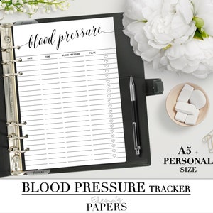 May include: A printable blood pressure tracker in A5 size. The tracker has columns for date, time, blood pressure, and pulse. There are heart icons next to the pulse column.
