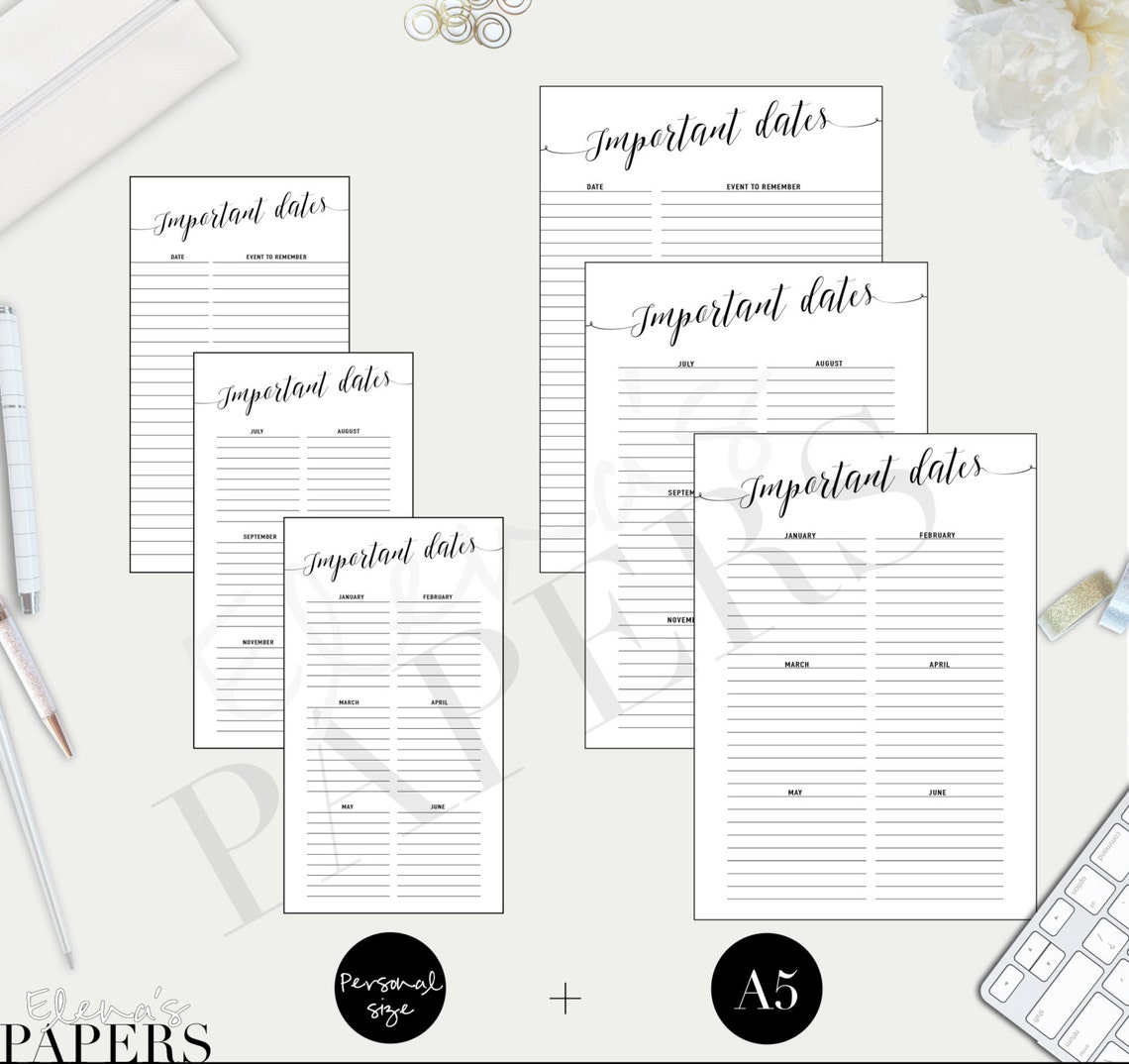 Printable IMPORTANT DATES Insert for Your Personal and A5 - Etsy