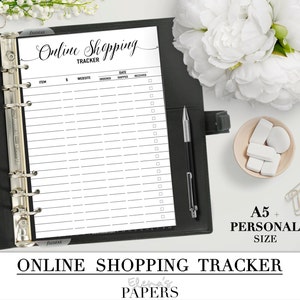 Puede incluir: Un rastreador de compras en línea imprimible en blanco y negro en tamaño A5. El rastreador tiene columnas para el artículo, el precio, el sitio web, la fecha de pedido, la fecha de envío y la fecha de recepción. Hay casillas de verificación para cada artículo para marcar cuando se ha recibido.